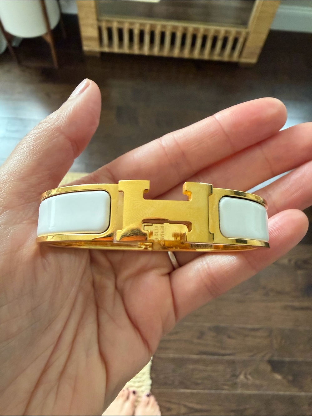 Hermes clic H narrow bangle white enamel yellow gold